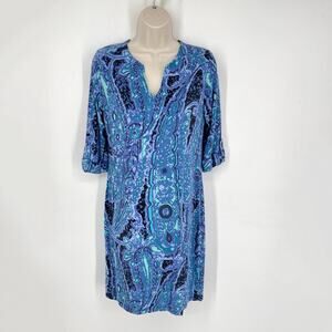 Tori Richard 3/4 Sleeve V-Neck Dress Sz S Blue Green Abstract Floral Soft Jersey